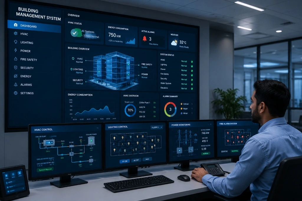 Commercial Building Management System control room with monitoring screens