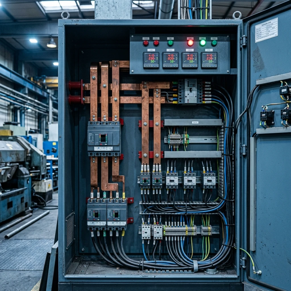 Commercial electrical distribution room with LV panels and switchgear